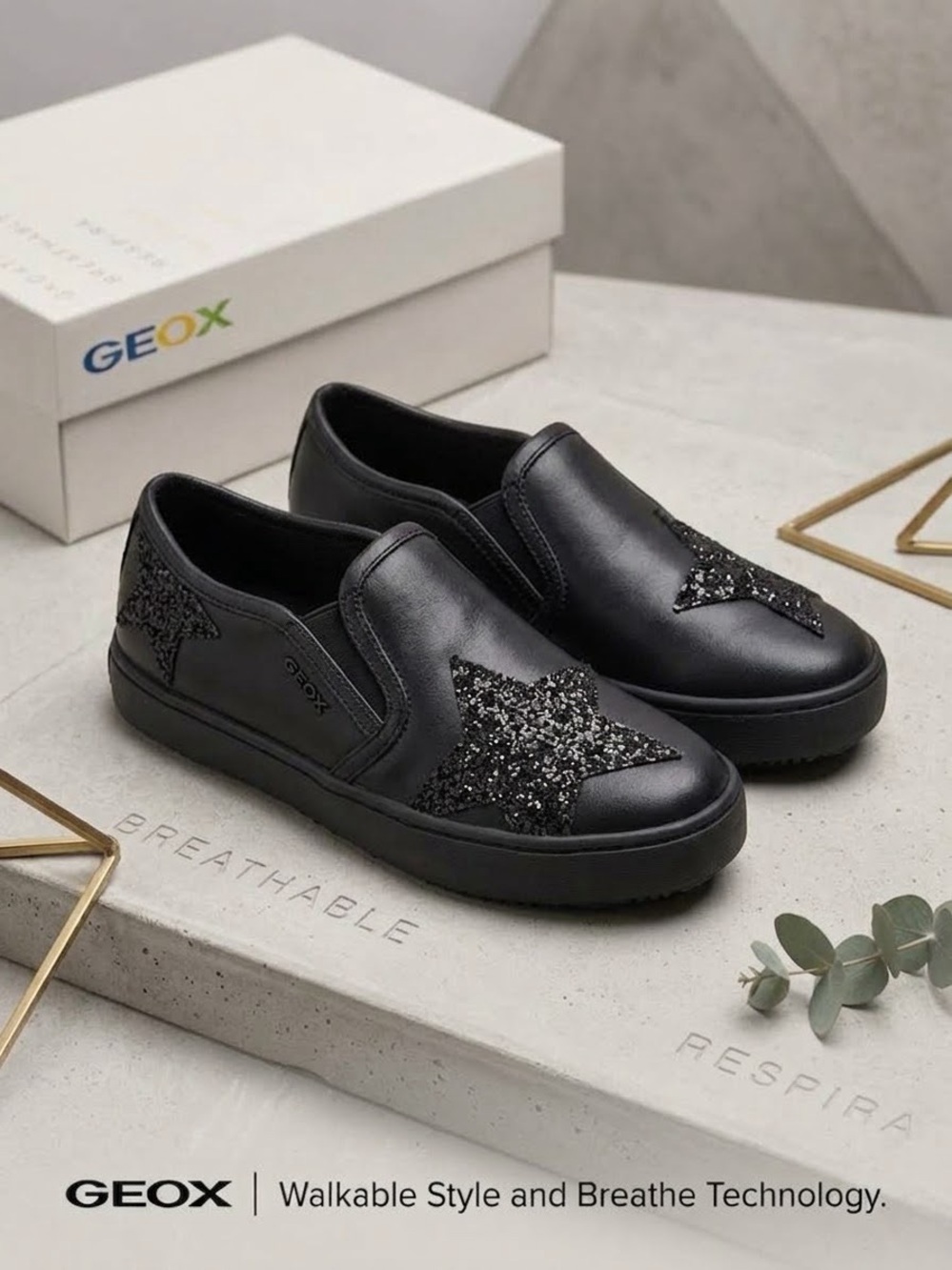 Geox Girl Slip-On Shoes in Black with Black Glitter Stars. Italian Brand